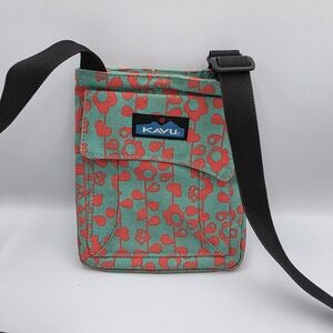 Kavu Green & Orange Poppy Bold Blooms Floral Crossbody Purse Canvas Bag‎
